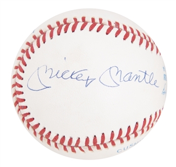 Mickey Mantle, Ted Williams & Joe DiMaggio Triple Signed OAL Brown Baseball (PSA/DNA NM-MT+ 8.5)